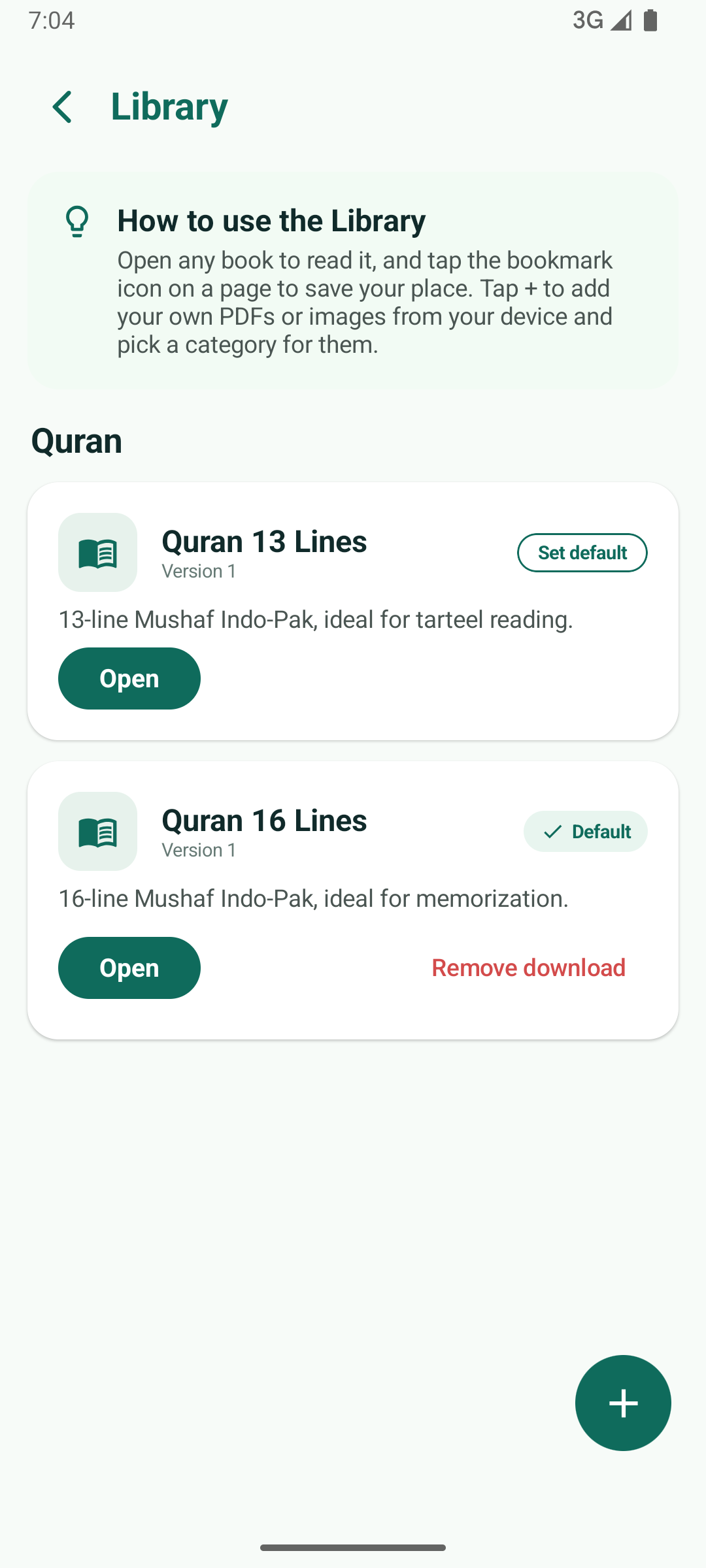 Library screen showing Quran editions and options to import PDFs or images